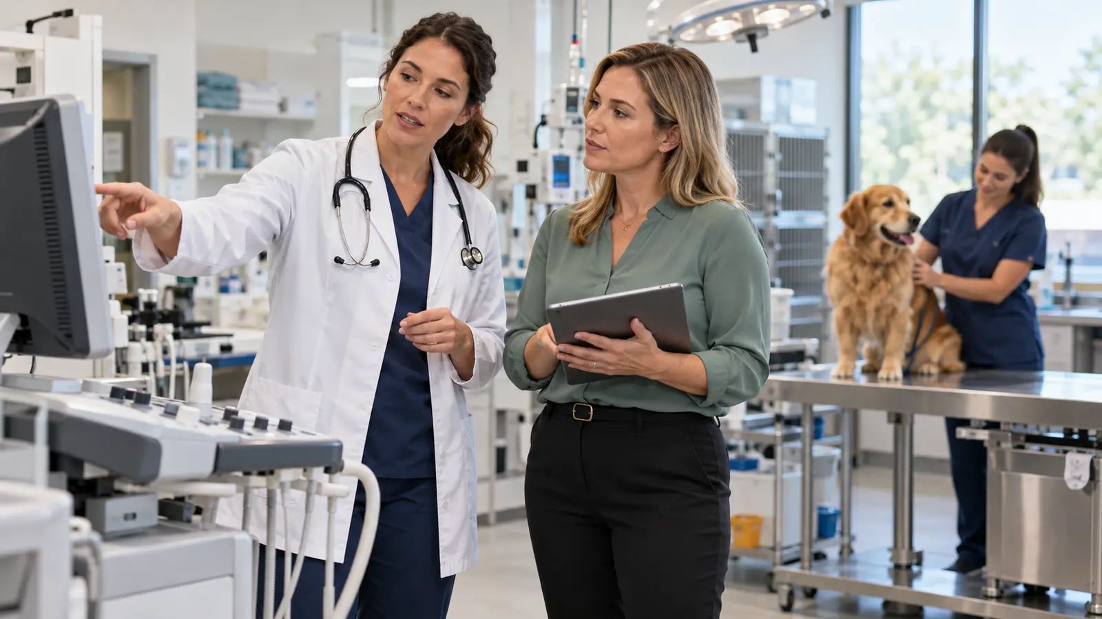 Veterinarian reviewing equipment and expansion plans in a modern animal clinic