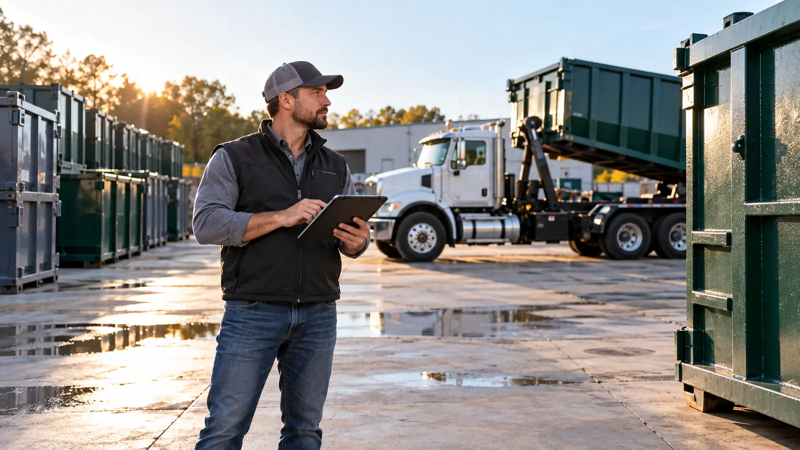 Waste management operator reviewing roll-off truck, container and route capacity