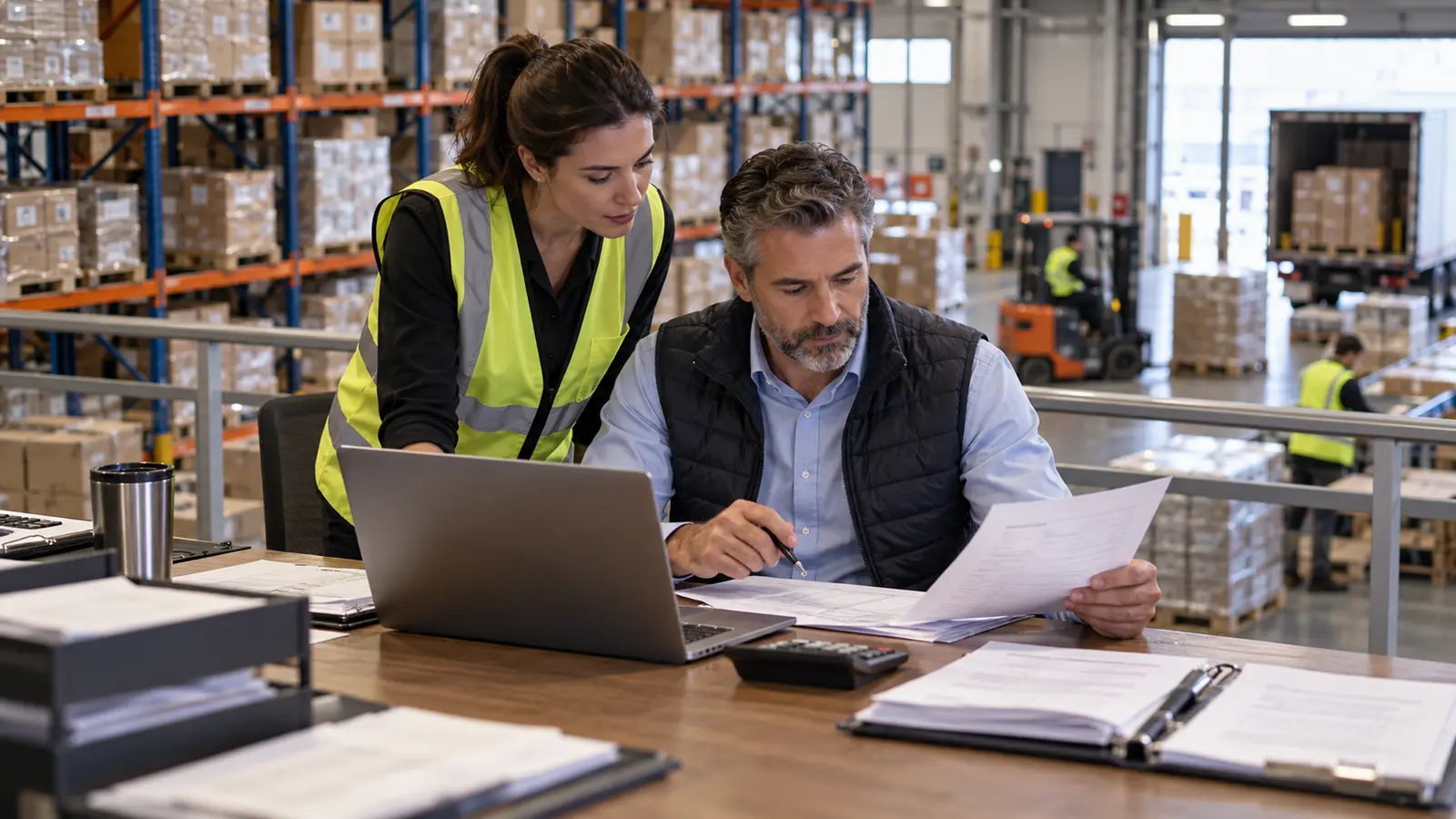 Wholesale managers reconciling supplier orders, inventory and customer receivables