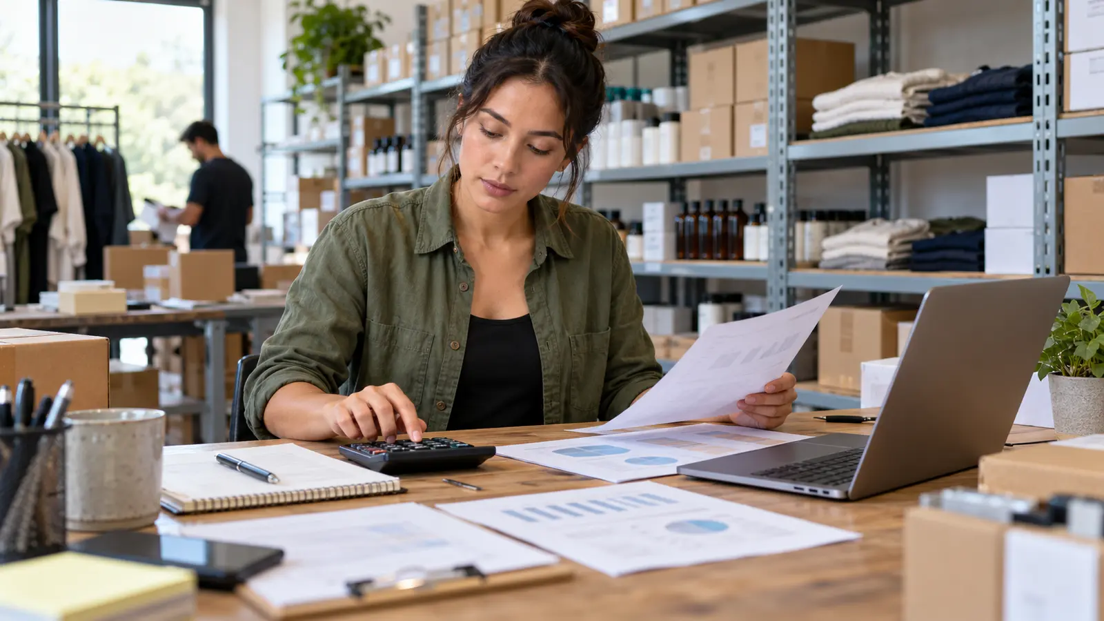 Small-business owner calculating inventory, payroll and supplier working-capital needs
